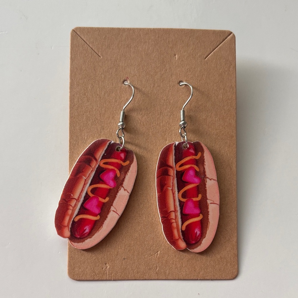 Fashion Jewelry Hot Dog Earrings with Red and Pink Accents